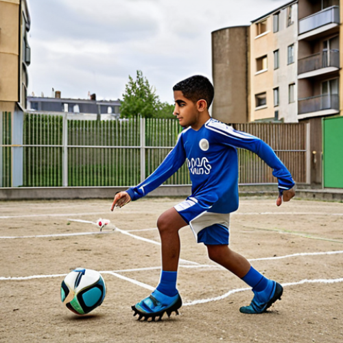 Home 11 **A young Riyad Mahrez playing football on a concrete pitch in Sarcelles, Paris, surrounded by apartment buildings. The scene is reminiscent of a tough but hopeful upbringing, capturing the grit and determination in his eyes as he dribbles the ball. The background shows other kids playing, emphasizing the communal aspect of football in the neighborhood.**