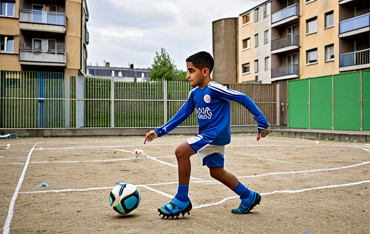 **A young Riyad Mahrez playing football on a concrete pitch in Sarcelles, Paris, surrounded by apartment buildings. The scene is reminiscent of a tough but hopeful upbringing, capturing the grit and determination in his eyes as he dribbles the ball. The background shows other kids playing, emphasizing the communal aspect of football in the neighborhood.**