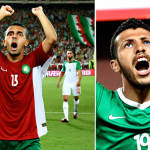 **Image Prompt:** A split image: On one side, ecstatic Algerian fans celebrating a goal against France, waving flags and chanting. On the other side, a French player with Algerian heritage looking conflicted during the game, torn between loyalties. The backdrop shows the blurred lines of the stadium, emphasizing the intense atmosphere. Style: Documentary photography, capturing raw emotion.