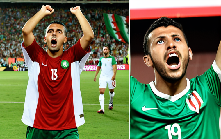 **Image Prompt:** A split image: On one side, ecstatic Algerian fans celebrating a goal against France, waving flags and chanting. On the other side, a French player with Algerian heritage looking conflicted during the game, torn between loyalties. The backdrop shows the blurred lines of the stadium, emphasizing the intense atmosphere. Style: Documentary photography, capturing raw emotion.