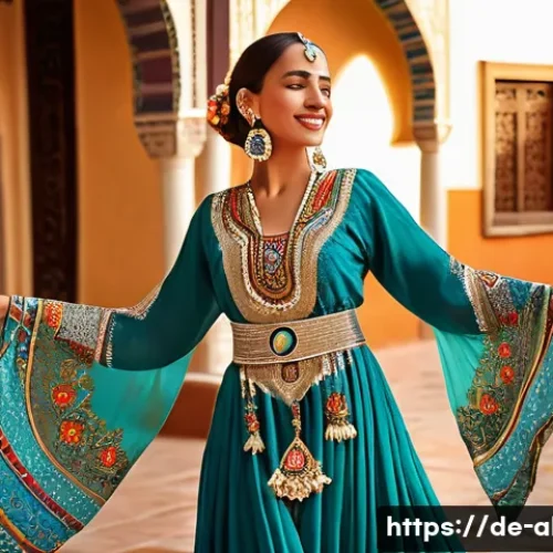 알제리 민속춤과 튀니지 민속춤 차이 - An Algerian woman in a vibrant, intricately embroidered flowing dress with prominent gold and silver...