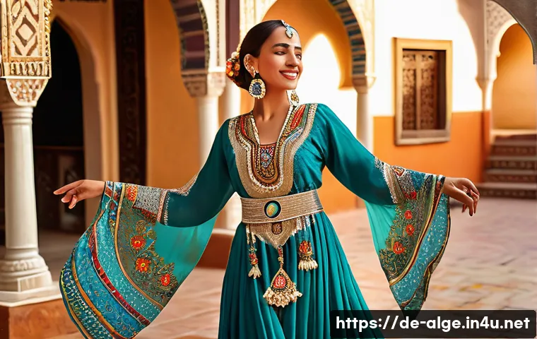 알제리 민속춤과 튀니지 민속춤 차이 - An Algerian woman in a vibrant, intricately embroidered flowing dress with prominent gold and silver...