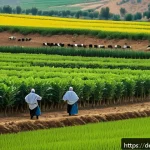 알제리 석유 경제 의존도 - A vibrant Algerian agricultural scene featuring small and medium-sized farmers working in lush green...