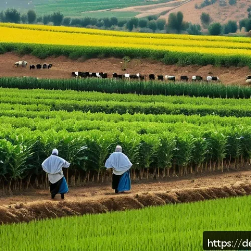 알제리 석유 경제 의존도 - A vibrant Algerian agricultural scene featuring small and medium-sized farmers working in lush green...