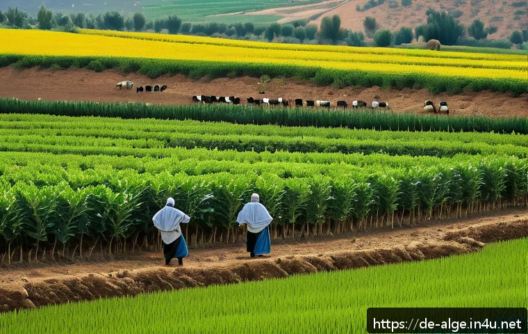 알제리 석유 경제 의존도 - A vibrant Algerian agricultural scene featuring small and medium-sized farmers working in lush green...